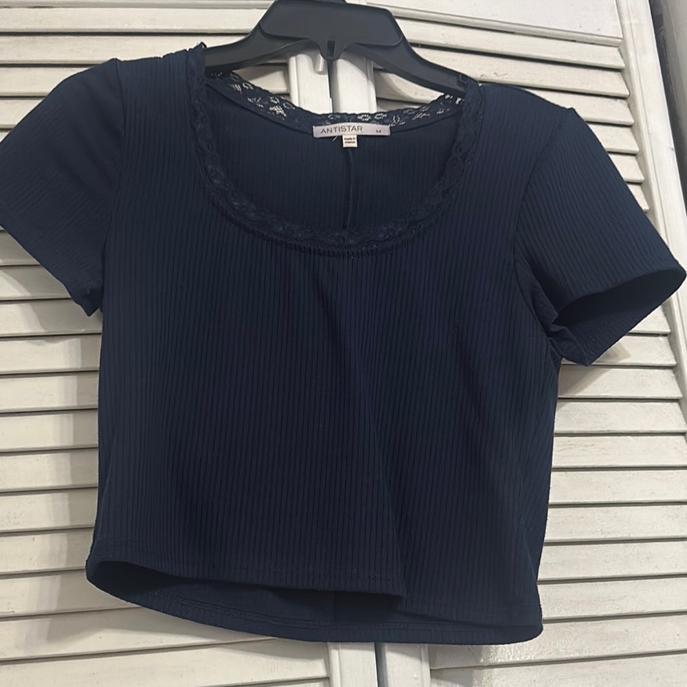 Antistar Navy Ribbed Lace-Trim Crop Top